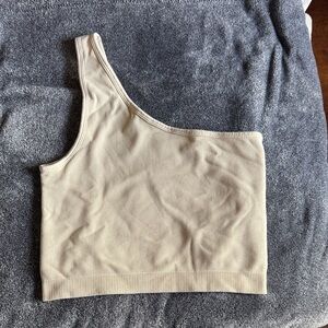 JoyLab Ribbed One-Shoulder Crop Top in Beige